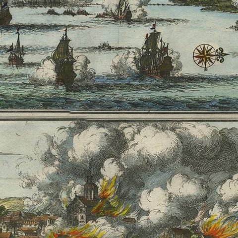 Decorative Engraving of VOC Battle Ships Attacking Palembang in Sumatra, ca.1700, close-up 2