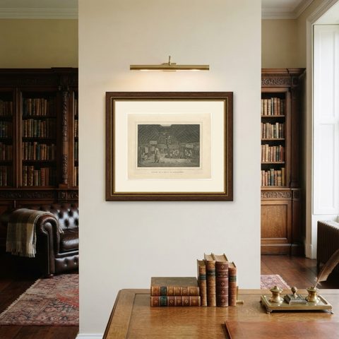 House in Oonalashka, Captain Cook Voyage, after Webber, Engraving, circa 1820, shown framed on a wall