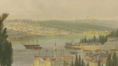 Bosporus Harbor View from Pera, Istanbul Arsenal, Antique Bartlett, c.1839, close-up 5
