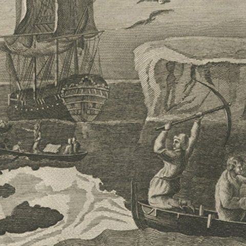 Old Print from Capt. Cooks Travels with Boats and a Ship in the South Sea, 1803, close-up 2