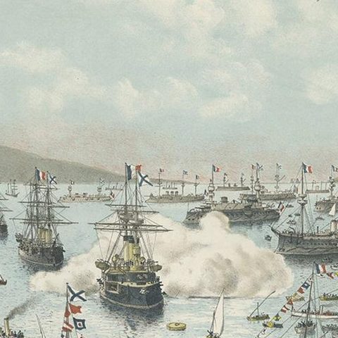 Naval lithograph of Russian fleet arriving in Toulon, France, in 1893, close-up 2