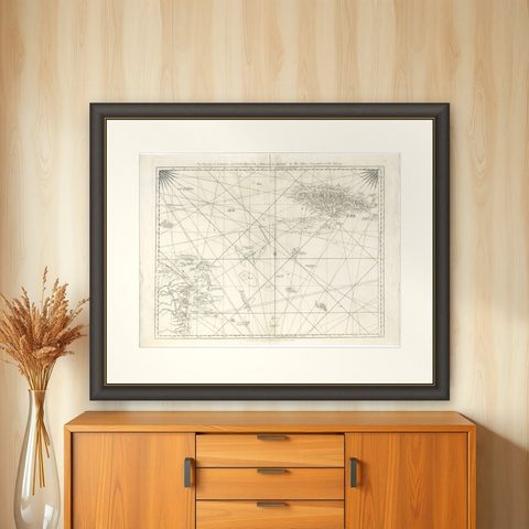 Navigational Chart of Jamaica, Cape Gracias a Dios, and the Mosquito Coast, 1775, shown framed on a wall
