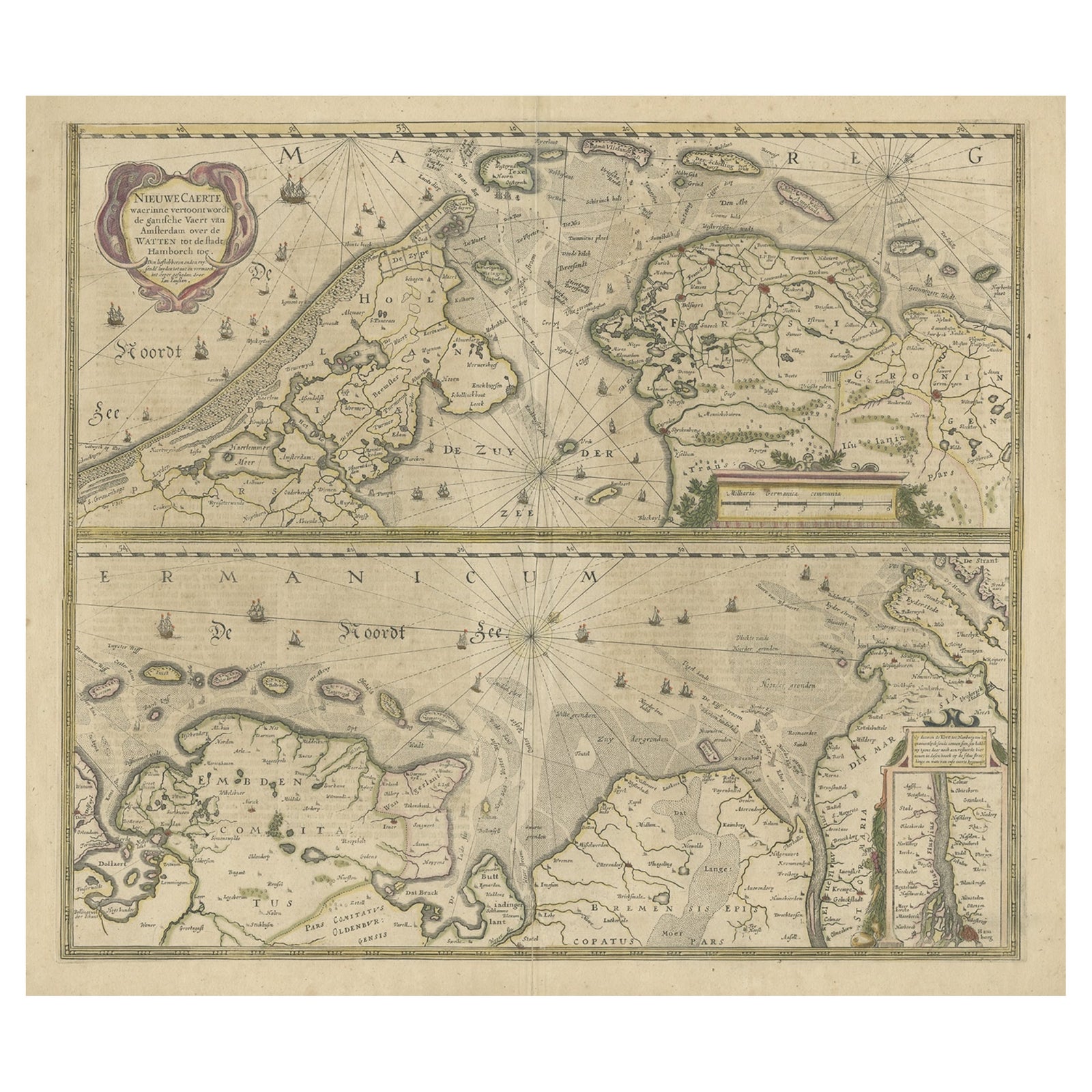Two Original Antique Engravings with the Dutch and German North Sea Coast, c1650