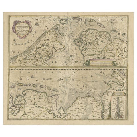 Two Original Antique Engravings with the Dutch and German North Sea Coast, c1650