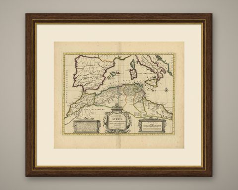 Antique Map of the Northern Coast of Africa and Southern Europe, circa 1745, shown framed