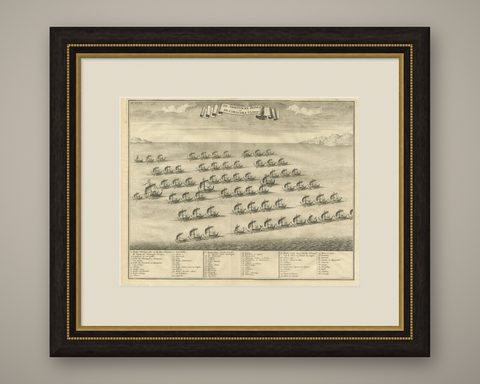 Antique Print of the Hongi/Coracora Fleet by Valentijn '1726', shown framed