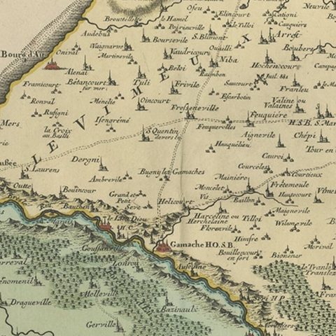 Beautiful Antique Map of the French Coast, from St. Valeri to Dieppe, 1720, close-up 2