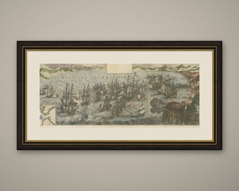 Rare Large 1650 Copper Engraving Depicting the Naval Battle of Gibraltar, 1607, shown framed
