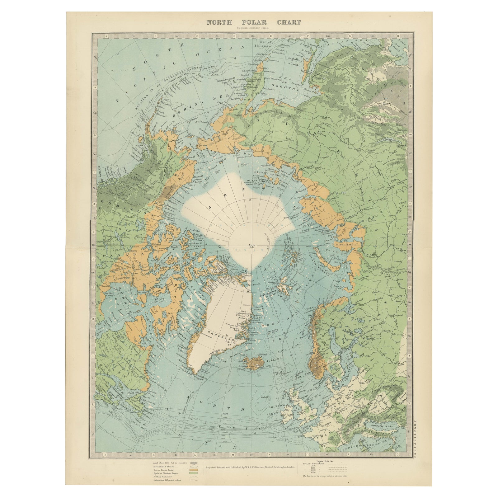 Vintage North Polar Chart, Greenland & Arctic Exploration Routes, 1903