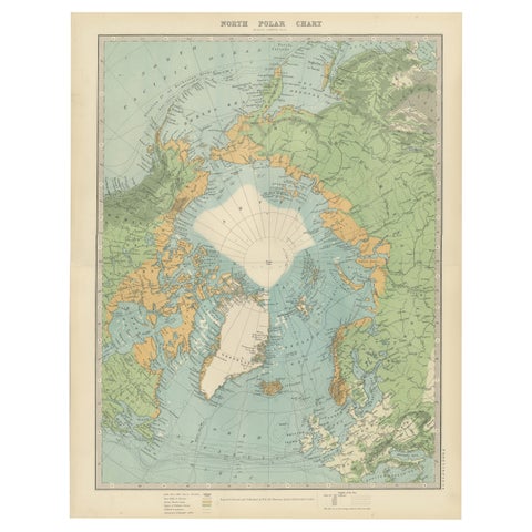 Vintage North Polar Chart, Greenland & Arctic Exploration Routes, 1903