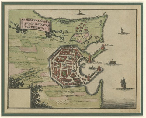 City and Harbour of Rhodes, Olfert Dapper, 1688 Hand-Coloured Engraving, close-up 4