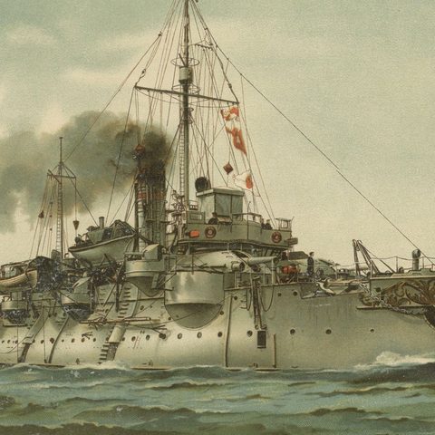 SMS Siegfried: Chromolithograph of a German Coastal Defense Ship from the 1890s, close-up 5