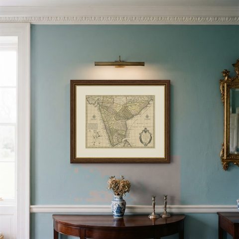 Detailed Decorative Antique Map of the Coast of Malabar and Coromandel, India, shown framed on a wall