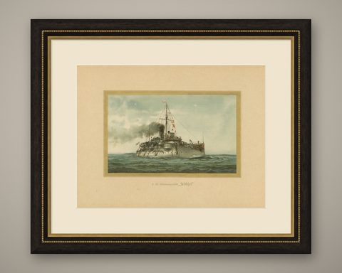 SMS Siegfried: Chromolithograph of a German Coastal Defense Ship from the 1890s, shown framed