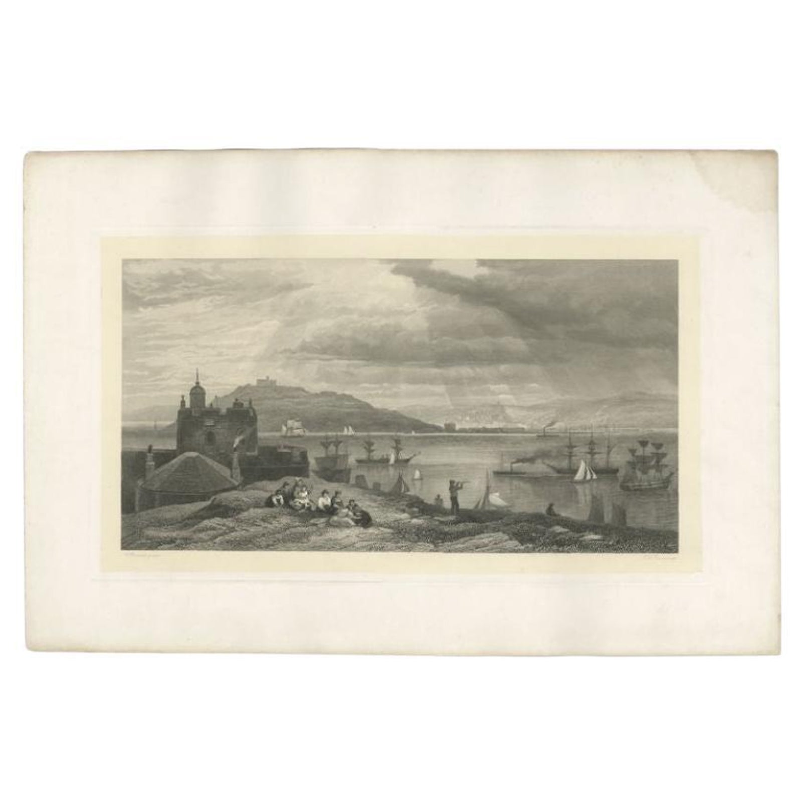 Antique Maritime Print with Various Vessels, circa 1860