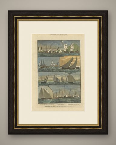 Antique Print of the Mediterranean Fleet Regatta at Palma, 1881, Colored, shown framed