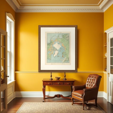 Vintage North Polar Chart, Greenland & Arctic Exploration Routes, 1903, shown framed in a room