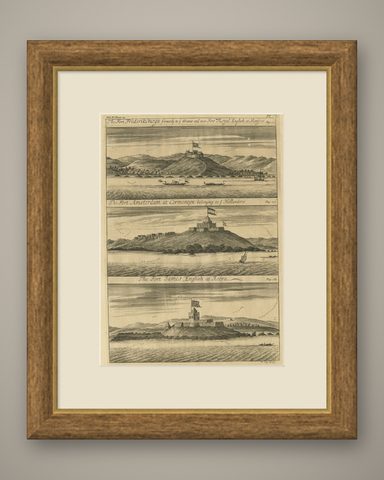 Copperplate Engraving Showing Forts on the West African Gold Coast, Ghana, 1744, shown framed