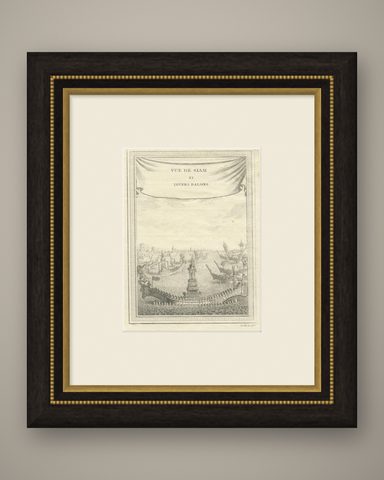 Antique Copperplate Print of Ayutthaya, 'View of Siam and Various Boats', 1751, shown framed