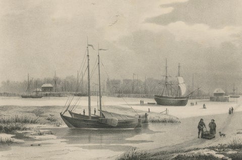 Amsterdam View with Ships and Ice Skaters, Vue d’Amsterdam, circa 1850, close-up 4