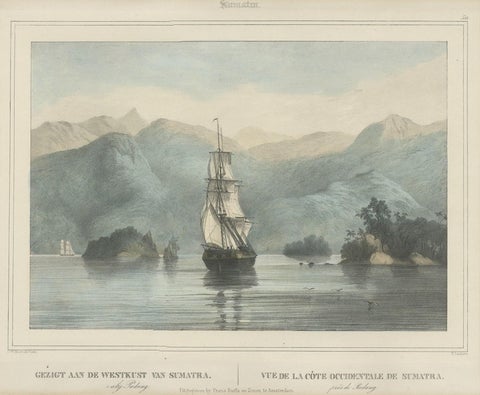 Antique Print of a Ship Near the Coast of Sumatra, Indonesia, c.1845, close-up 1
