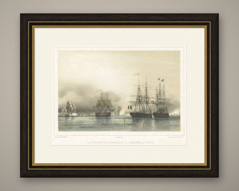 Antique Litograph of a Combat Between French and British Ships, 1844, shown framed