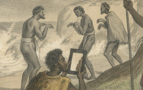 Shipwreck Scene in Melanesia, Islanders Salvaging Wreckage, c.1845, close-up 2