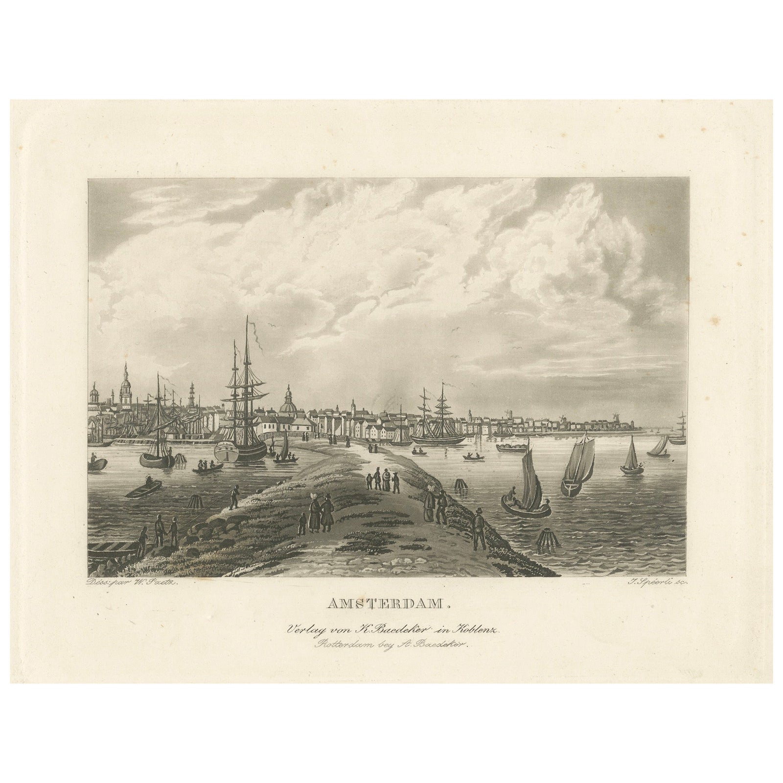 View of Amsterdam from the Water with Sailing Ships, Baedeker, circa 1850