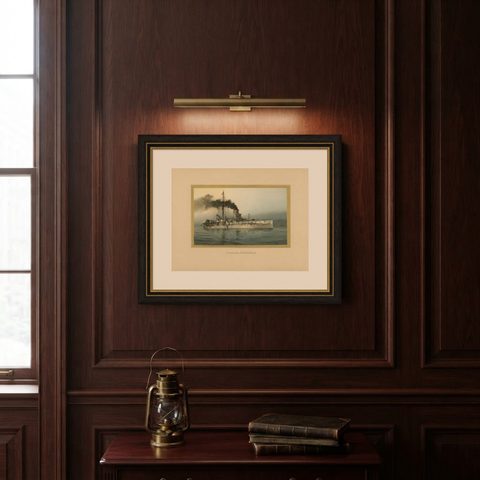 SMS Württemberg: German Coastal Defense Ship in Chromolithograph by Hugo Graf, shown framed on a wall