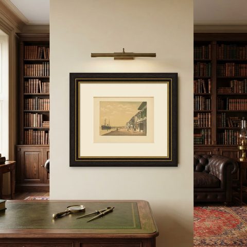 Antique Print of a Steamship at Tanjung Burung by M.T.H. Perelaer, 1888, shown framed on a wall