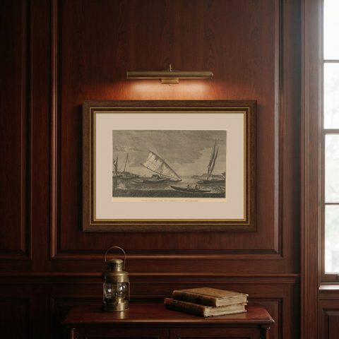 Antique Print of Boats of the Friendly Islands or Tonga, by Cook, c.1801, shown framed on a wall
