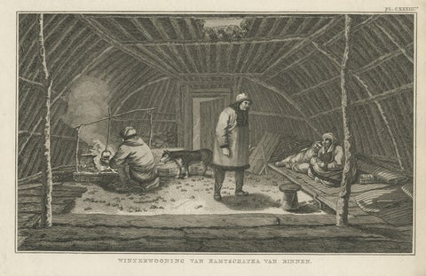 Interior of Winter House, Kamchatka, Cook Voyage Engraving c.1803, close-up 1