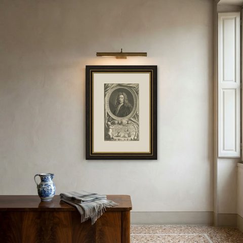 Antique Portrait of Fleet Admiral of George Byng, 1st Viscount Torrington, 1750, shown framed on a wall