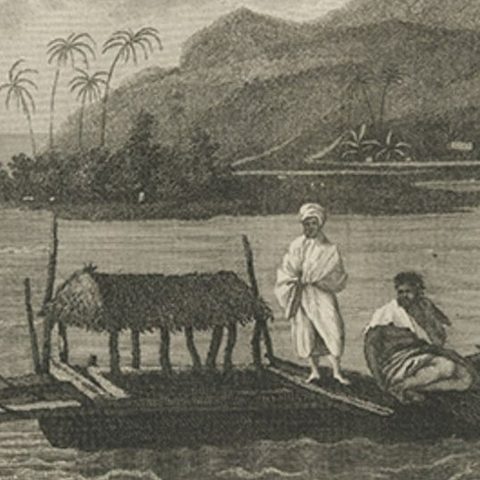 View of the Island of Tahiti, with Outrigger Canoes and Sailing Catamarans, 1803, close-up 2
