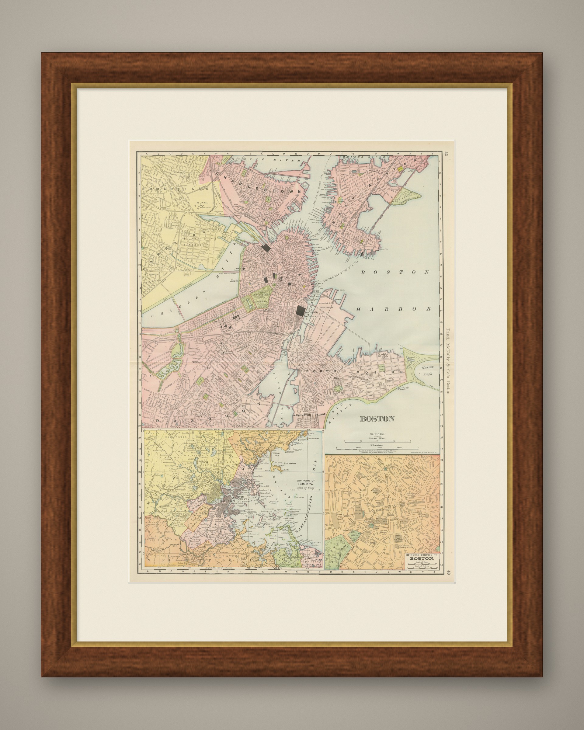 Antique Map of Boston, with Harbor and Environs Inset, Rand McNally, 1899, shown framed
