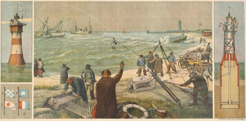 Large Lighthouse Rescue Schoolplate, Josef Klemm Chromolithograph, c.1900, close-up 1