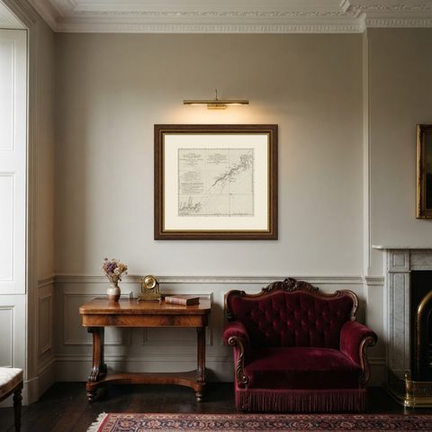 Old Chart of the North-Eastern Coast of Australia Discovered by Cook, 1774, shown framed in a room