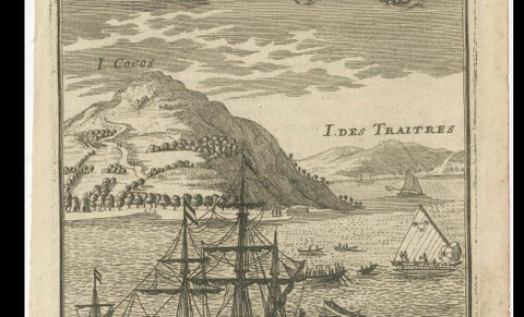 Antique Engraving Cocos Island, Maritime Scene, Manesson Mallet, 1683, close-up 6