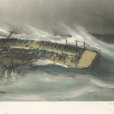 Antique Ship Print 'La Bellone' by Durand-Brager, circa 1850, close-up 1