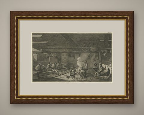 Interior of a Nootka House, Vancouver Island, Cook Voyage Engraving c.1795, shown framed