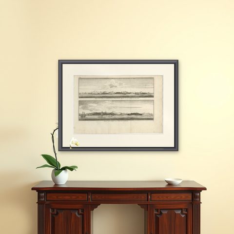 Antique Print of Zihuatanejo and the harbour of Acapulco by Anson (c.1760), shown framed on a wall