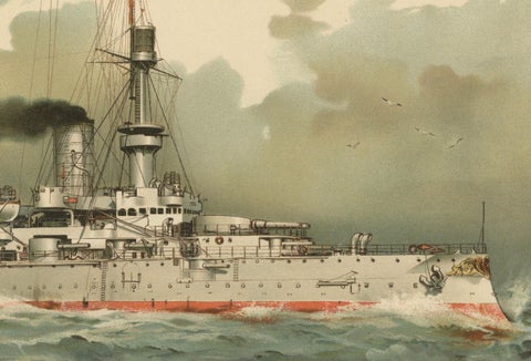 SMS Kaiser Wilhelm II: German Flagship Battleship in Chromolithograph by H. Graf, close-up 1