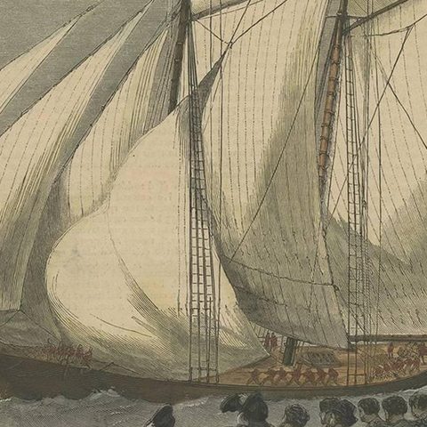 Antique Boat Print of the Sappho Rounding the Vectis by the Graphic, 1870, close-up 2
