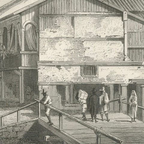 Antique Engraving of Guayaquil, Waterfront and Harbor City View, 1867, close-up 4