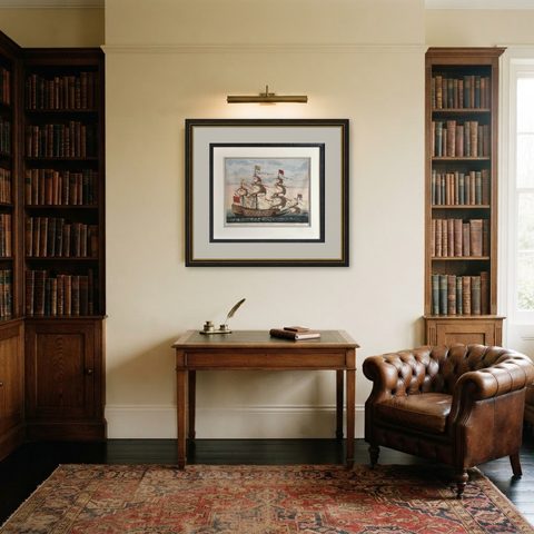 Antique Print of the Royal Flagship of the English Fleet by P. Mortier, c.1693, shown framed in a room