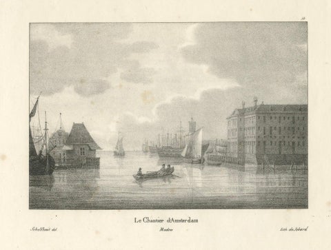 Amsterdam Maritime Shipyard View by Schelfhout, 19th Century Lithograph, close-up 5