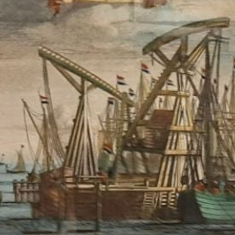 Antique Framed Print of the Ship Cranes of Amsterdam, The Netherlands, 1693, close-up 3