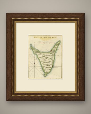 Anjouan Island, Comoros, French Naval Sea Chart by Bellin, c.1765, shown framed
