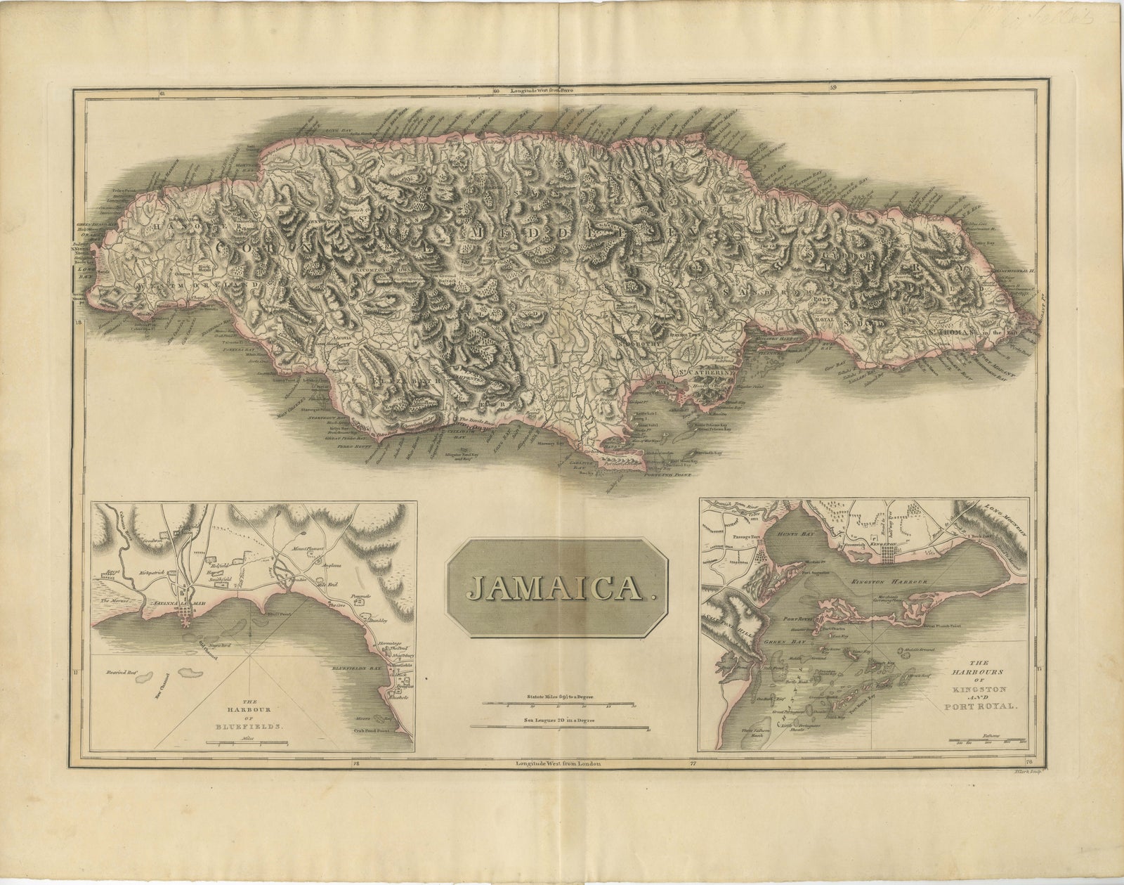 Jamaica Map by John Thomson, Kingston & Port Royal Harbors, c.1817