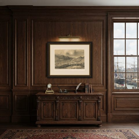 Anglo-French Fleet Entering the Black Sea from the Bosphorus, Crimean War, 1854, shown framed in a room